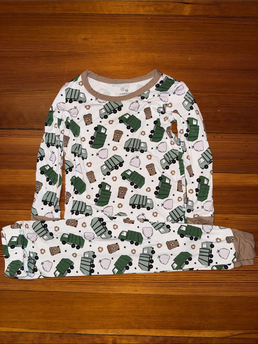 Caden Lane White Pajama Set with Green Garbage Truck Print and Brown Trim